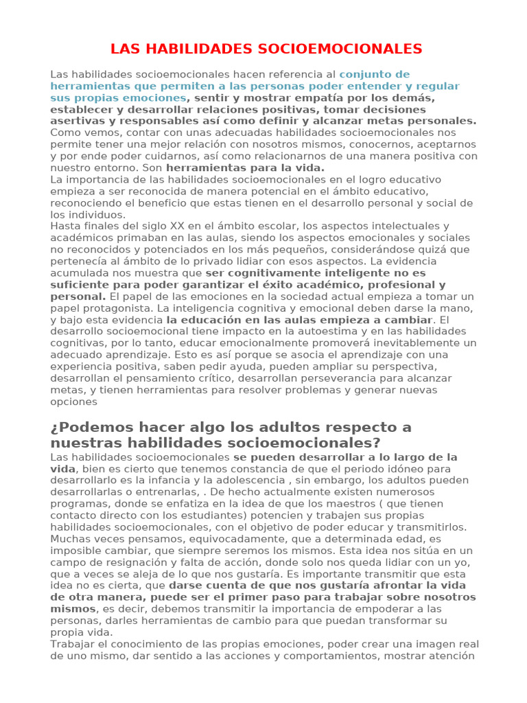 Habilidades Socioemocionales en Educación | PDF | Las emociones ...