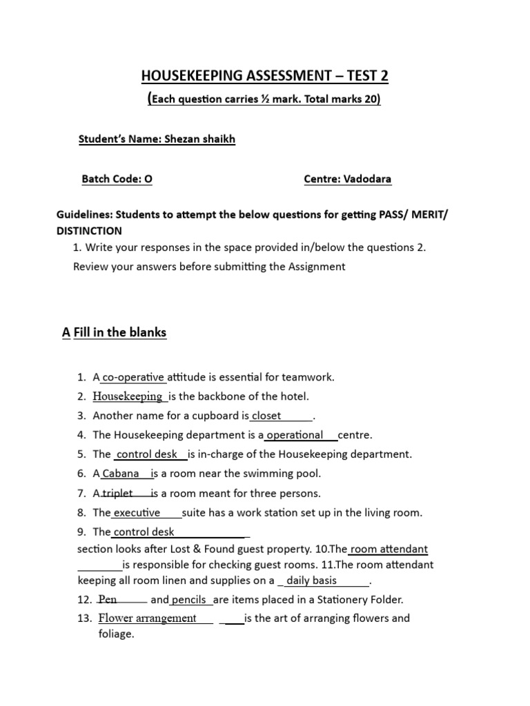 Housekeeping Assessment Test 2 | PDF | Housekeeping | Home