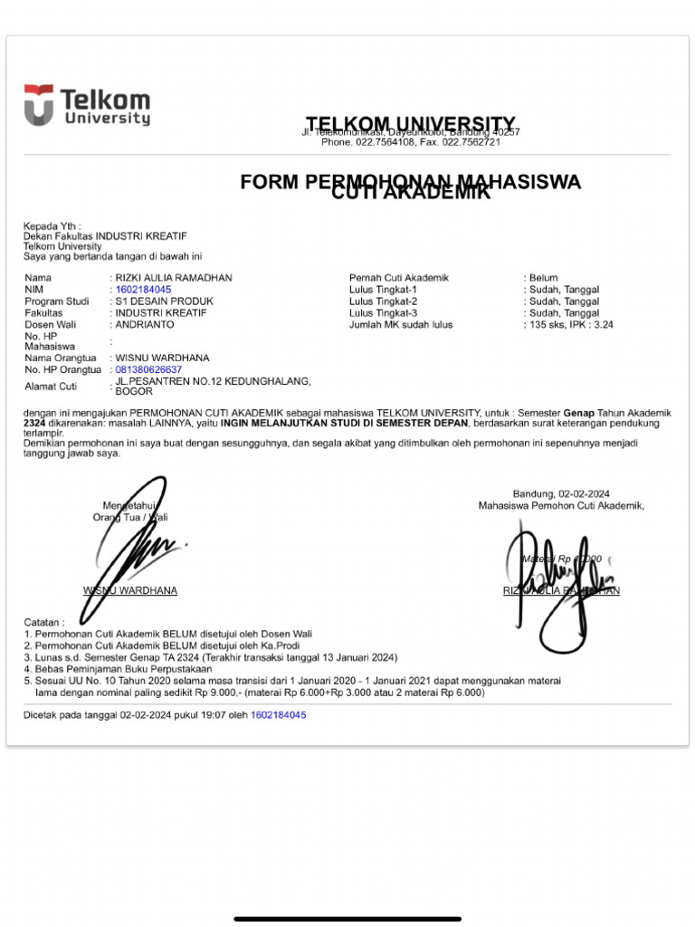 Rizki Aulia 1602184045 TTD Orangtua | PDF