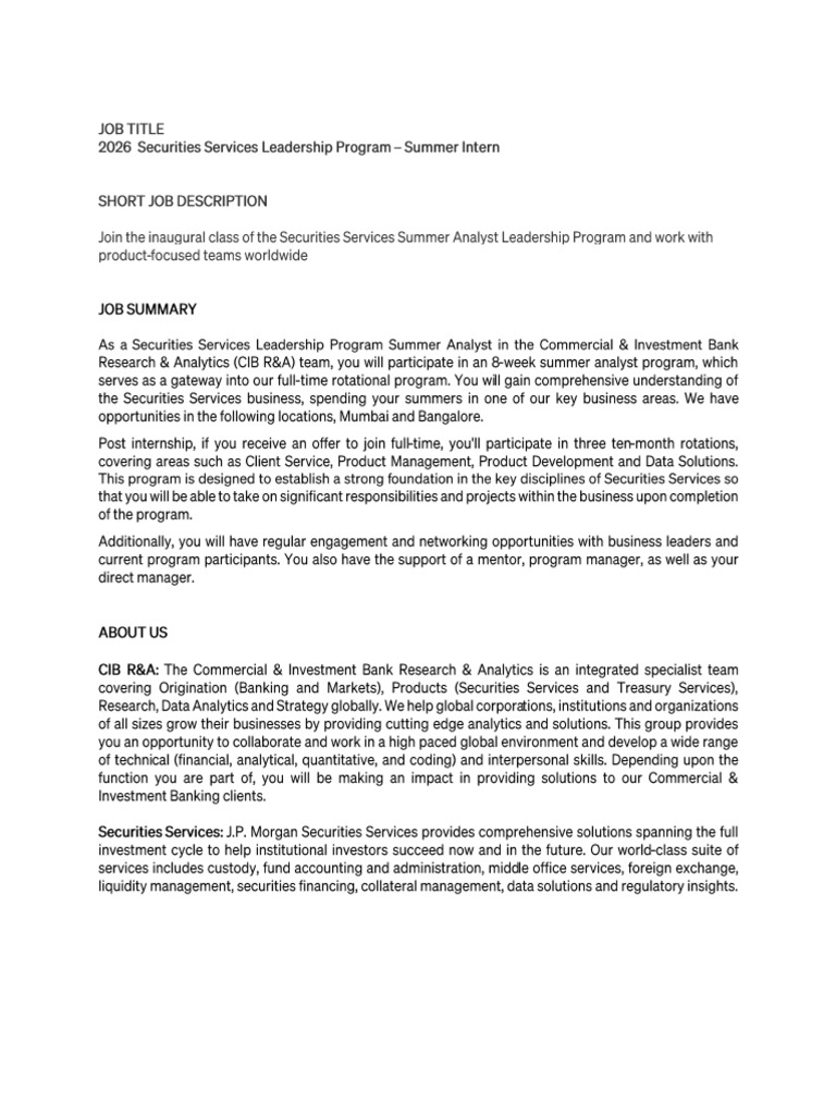Summer Intern 2026 - Securities Services Leadership Program (SSLP) | PDF