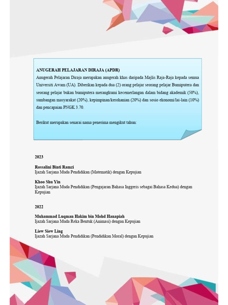 Anugerah Pelajaran Diraja Apdr | PDF