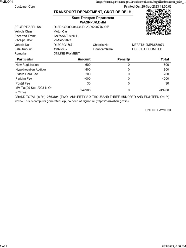 Vehicle Registration Receipt - DL8CBG1567 | PDF