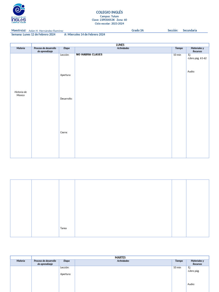 Plan de Clases Secundaria Tulum 2024 | PDF | Aprendizaje | Cognición