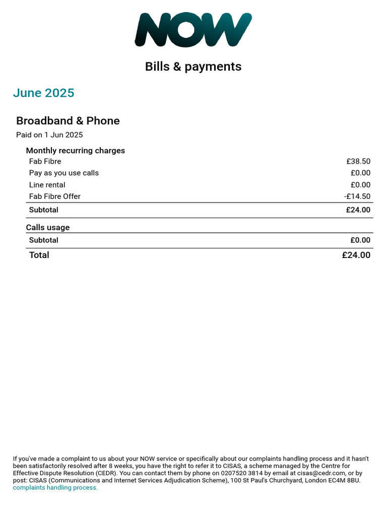 June 2025 Broadband & Phone Bill Summary | PDF
