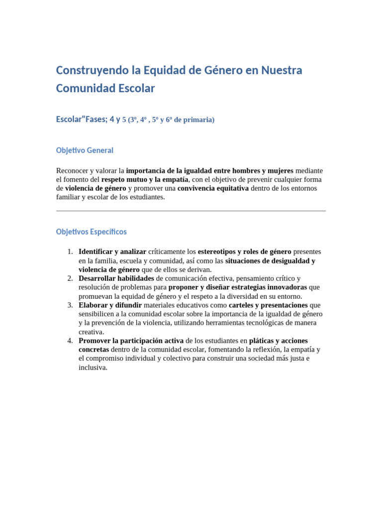 Construyendo La Equidad de Género en Nuestra Comunidad Escolar | PDF ...