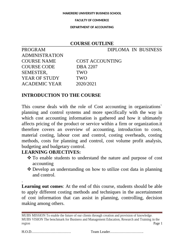 Course Outline - 2024-01-12T044440.119 | PDF | Cost Accounting | Business