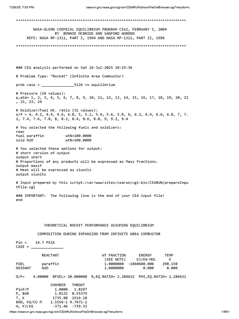 NASA CEA2 Rocket Performance Analysis | PDF | Continuum Mechanics ...