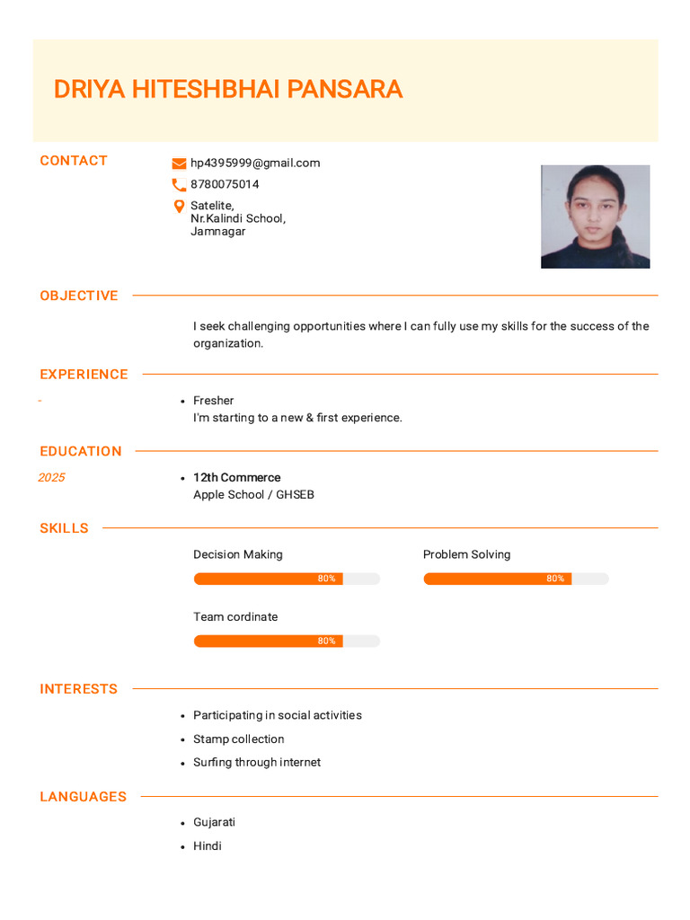 Fresher Resume of Driya Pansara | PDF