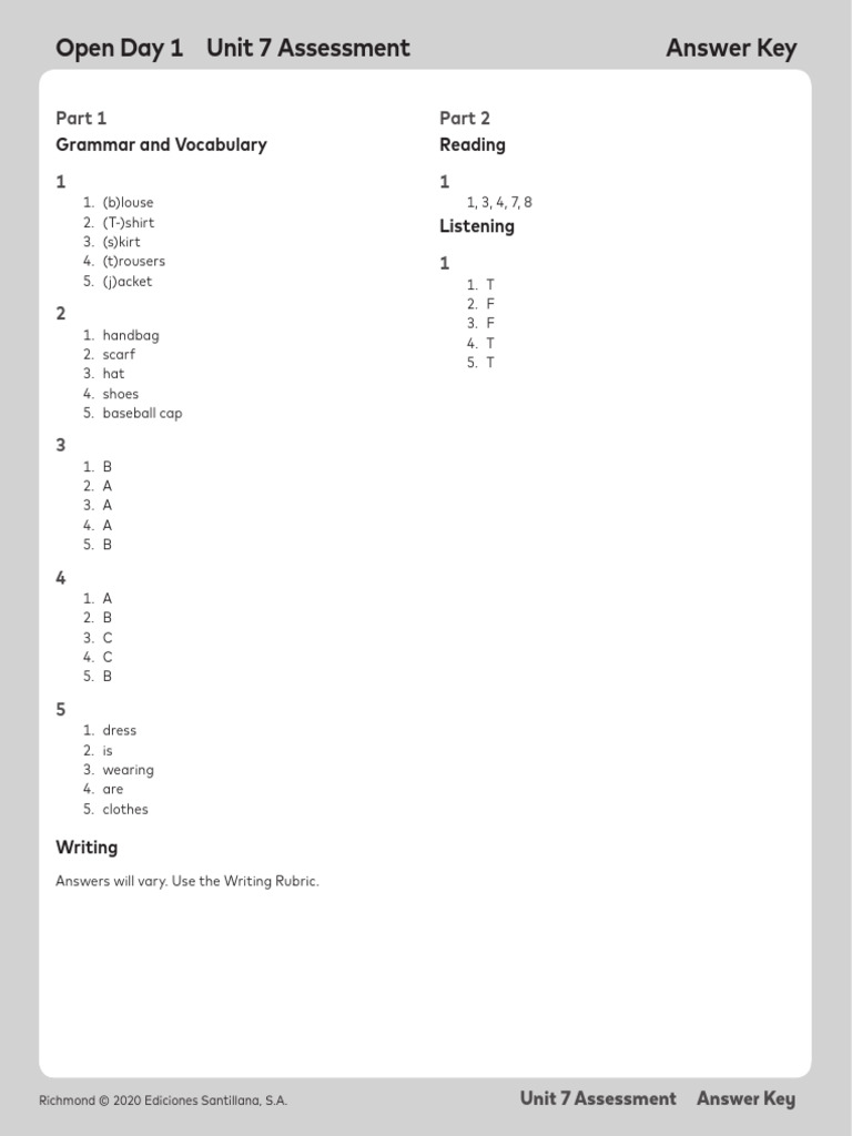 Unit 7 Assessment Answer Key | PDF