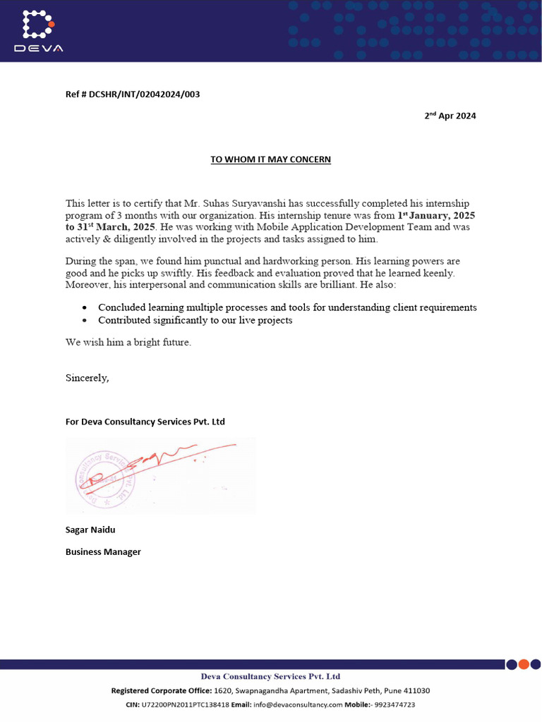 Internship Completion Certificate for Suhas Suryavanshi | PDF