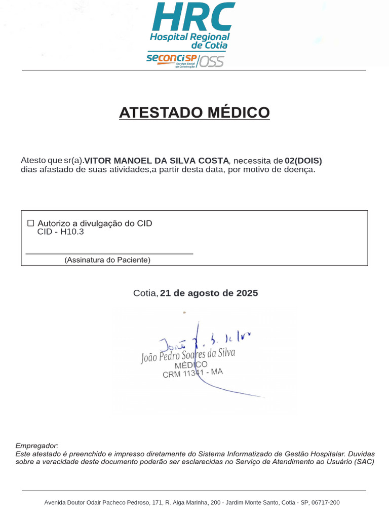 Atestado Médico com CID H10.3 | PDF