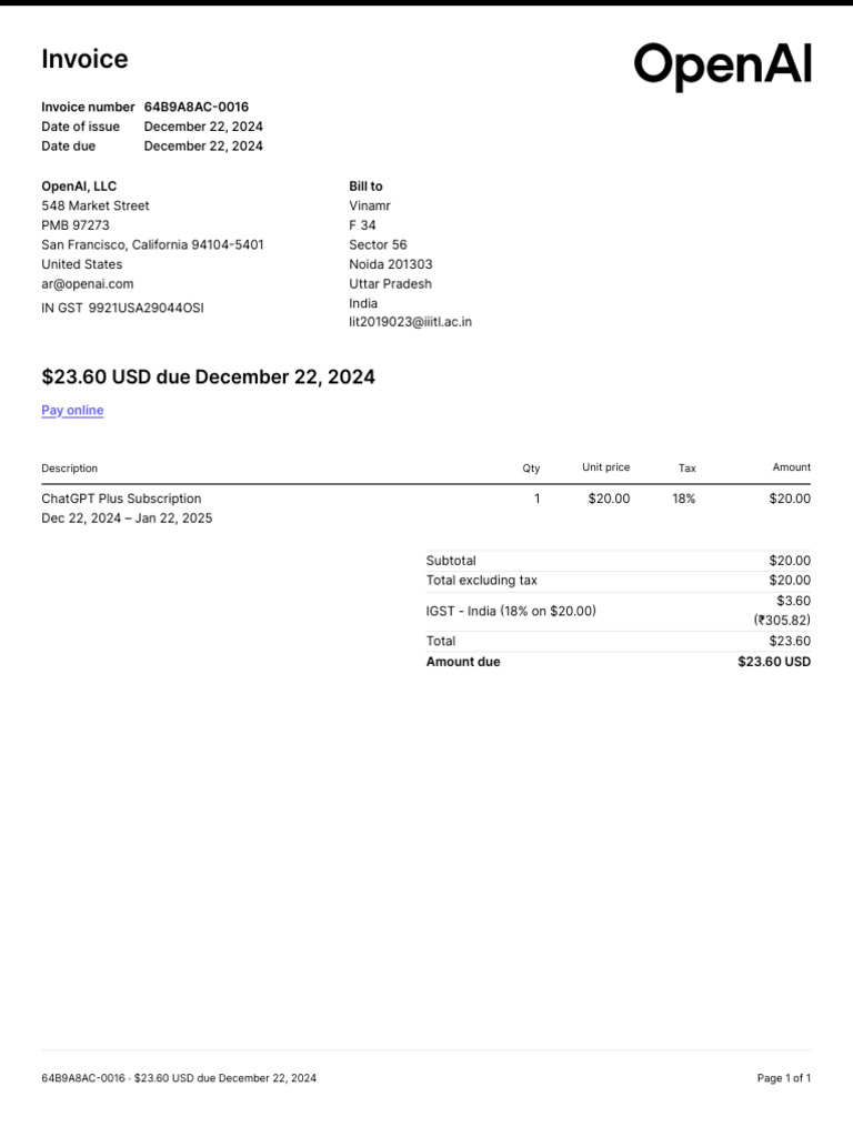 ChatGPT Plus Invoice Due December 2024 | PDF