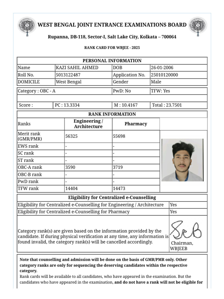 WBJEE 2025 Rank Card for Kazi Sahil | PDF | Higher Education ...