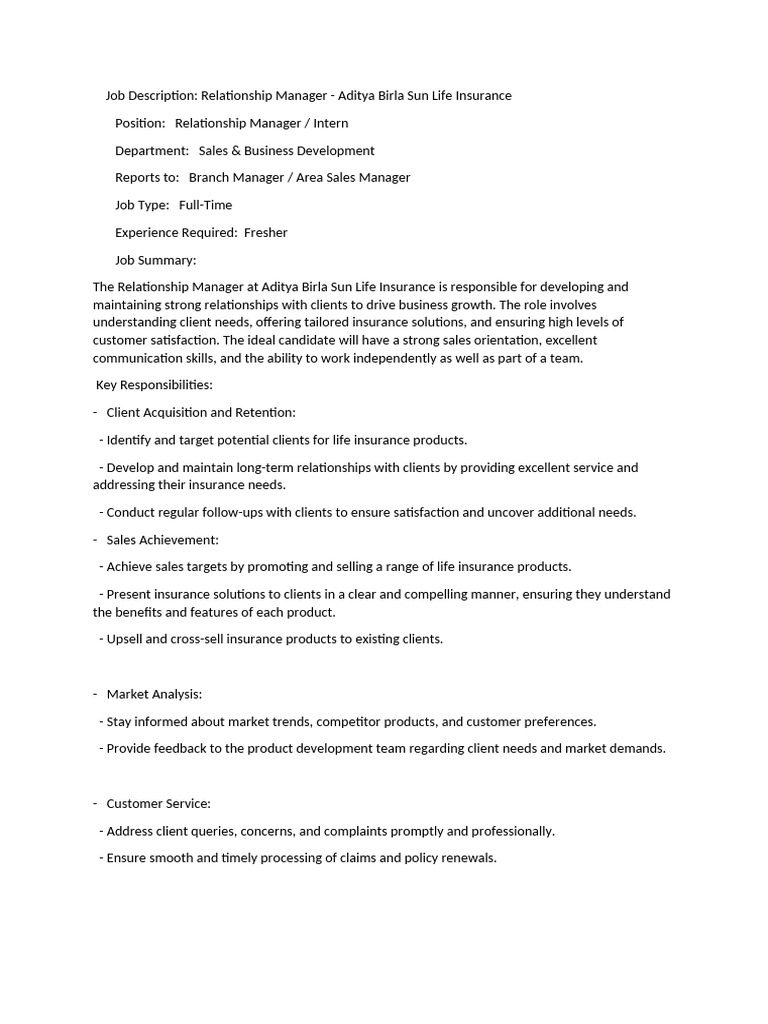 Job Description Aditya Birla Life Insurance | PDF | Sales | Employee ...