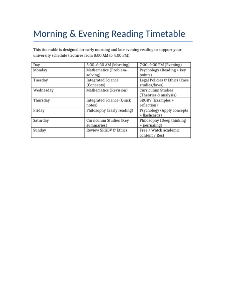 University Reading Timetable Guide | PDF