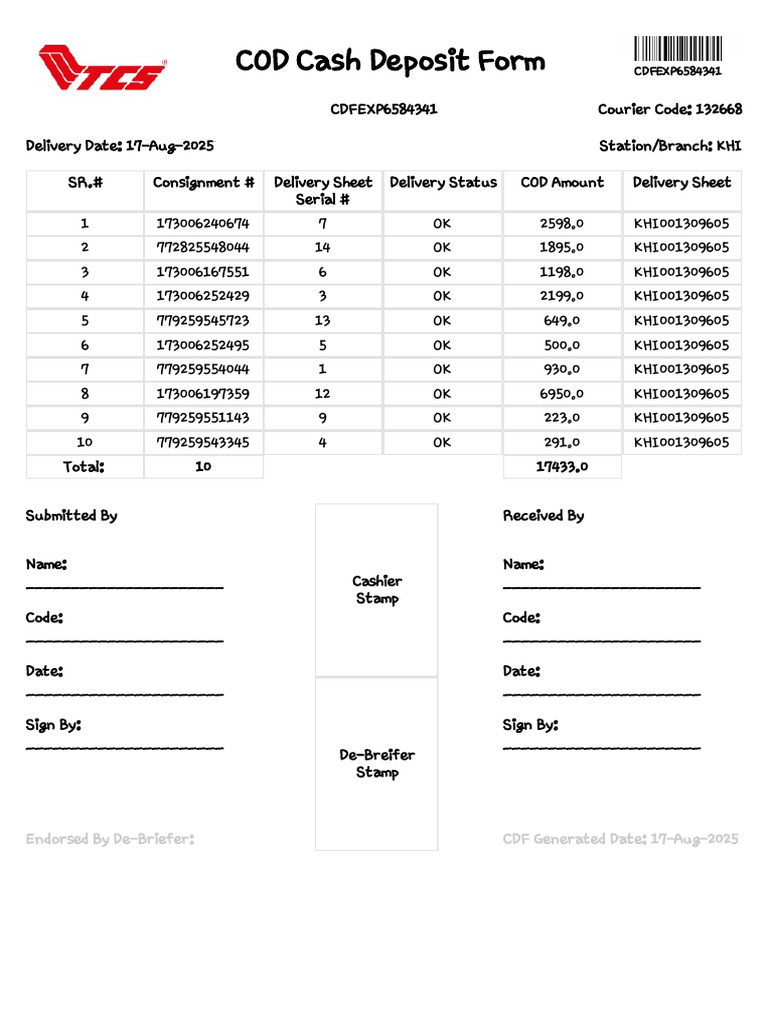 COD Cash Deposit Form Details | PDF