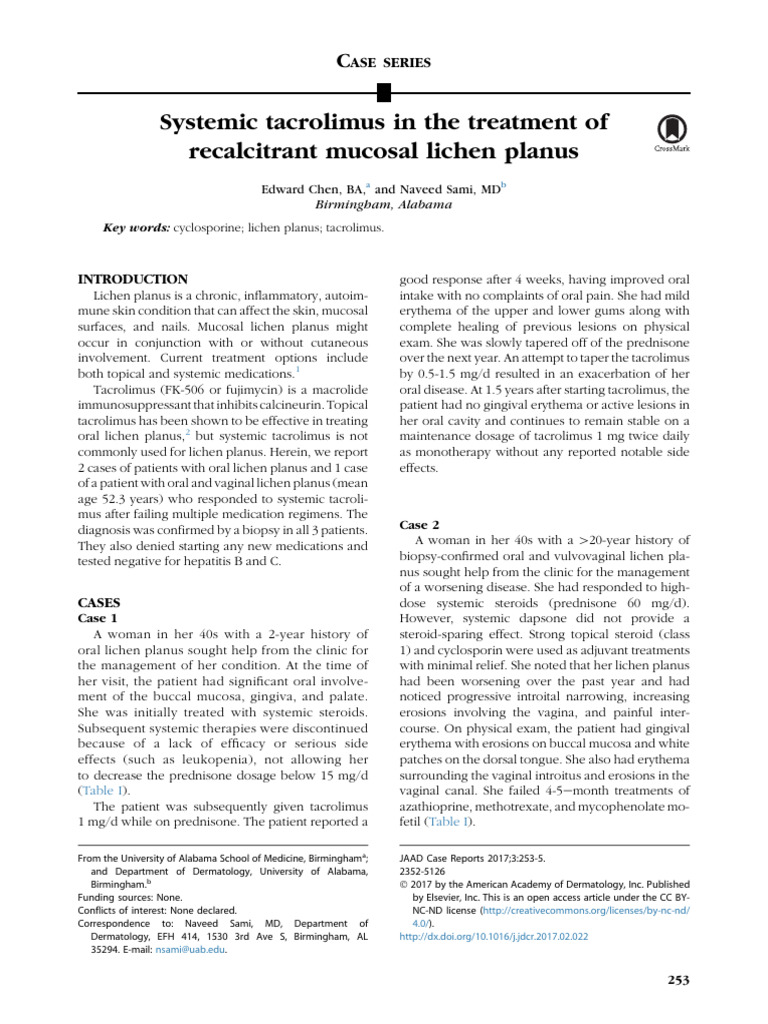 Systemic Tacrolimus in The Treatment of Recalcitrant Muco 2017 JAAD ...