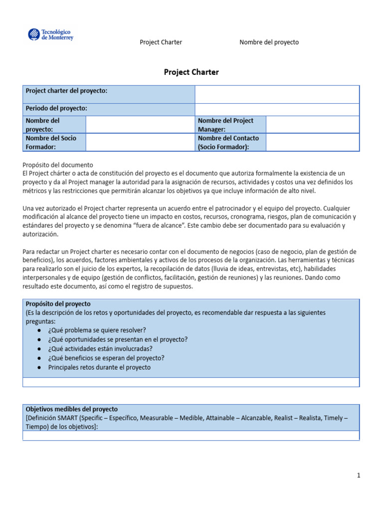 Plantilla de Project Charter en Español | PDF