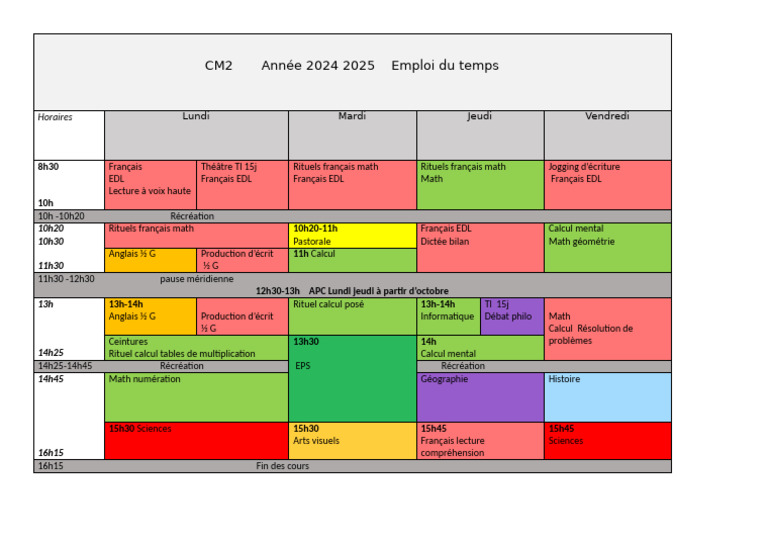 Emploi du temps CM2 2024-2025 | PDF