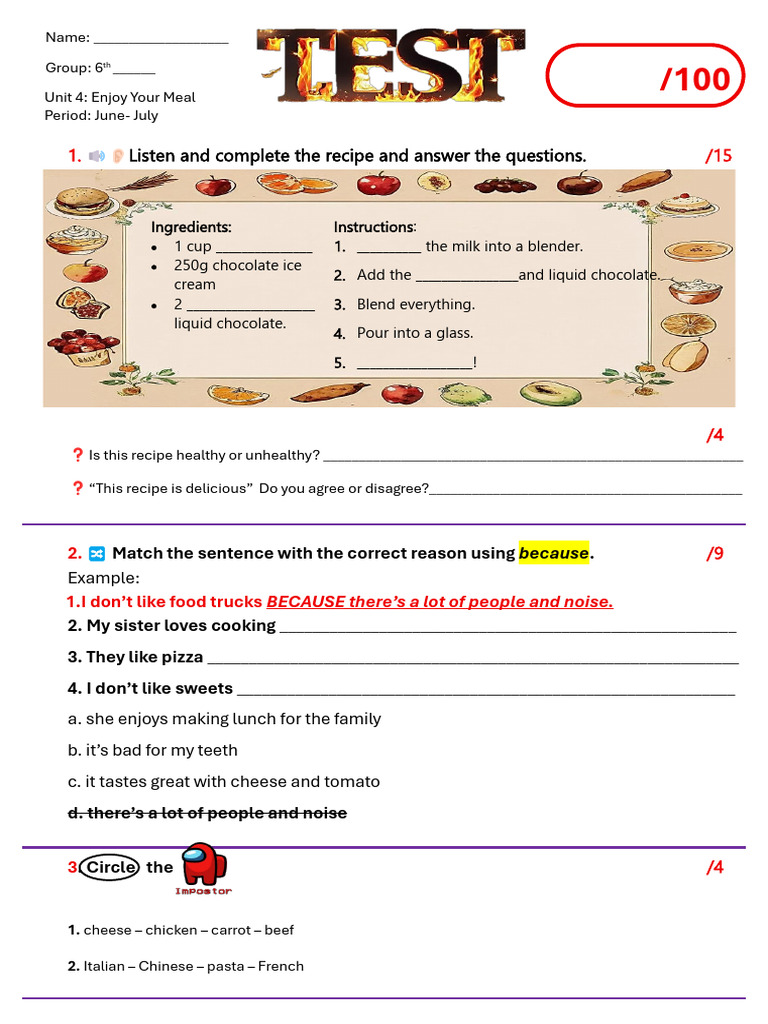 6th Grade Meal Unit Worksheet | PDF | Foods | Western Cuisine