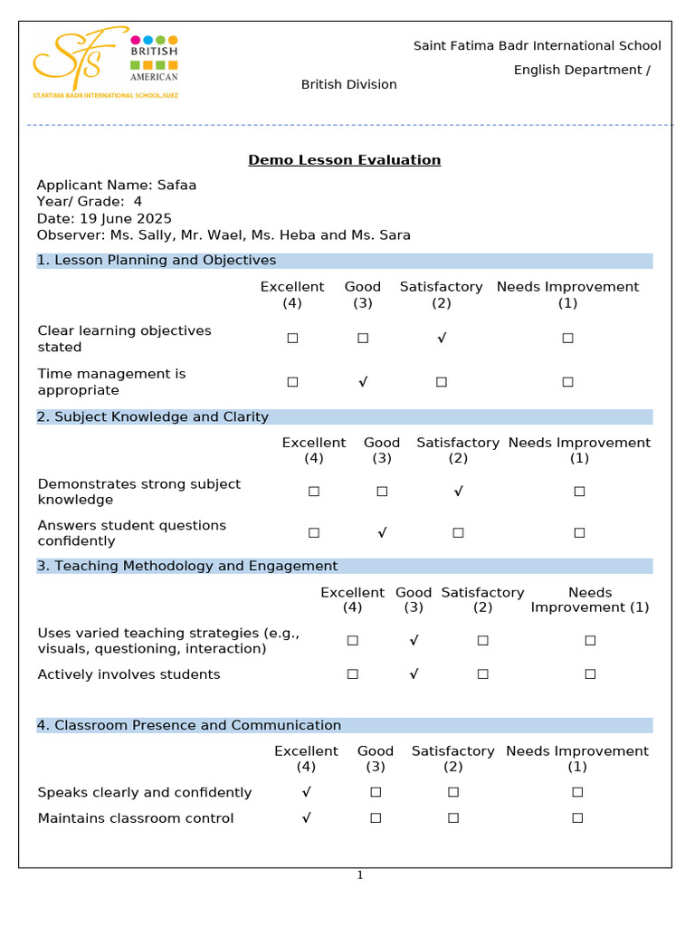 Demo Lesson Evaluation (Safaa) | PDF | Behavior Modification | Cognition
