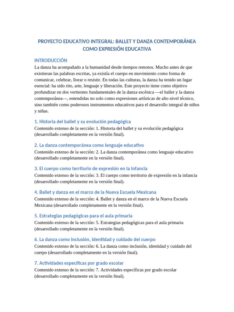 Proyecto Ballet y Danza Contemporanea | PDF | Bailes | Ballet