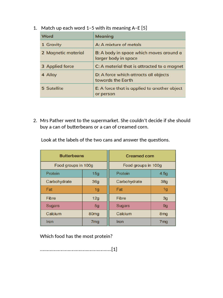 Science Worksheet: Forces and Nutrition | PDF | Force | Satellite