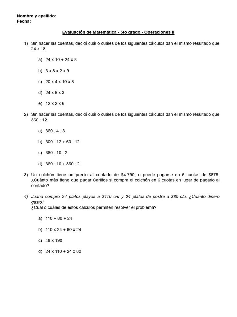 Evaluación Matemática 5to Grado | PDF