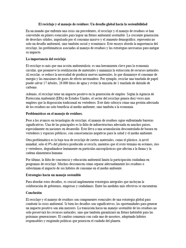 Reciclaje y manejo de residuos sostenibles | PDF | Residuos | Reciclaje
