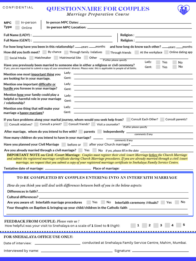 Marriage Preparation Questionnaire for Couples | PDF | Marriage | Civil ...