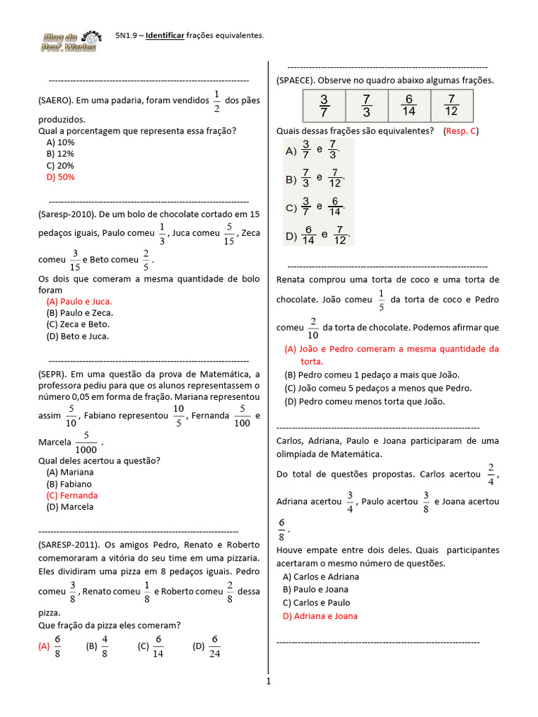Frações Equivalentes: Exercícios e Questões | PDF