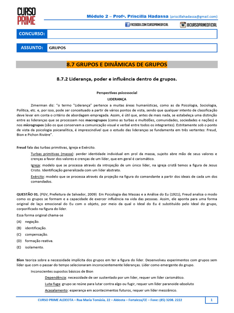 Liderança e Dinâmicas de Grupo em Psicologia | PDF | Liderança | Poder ...