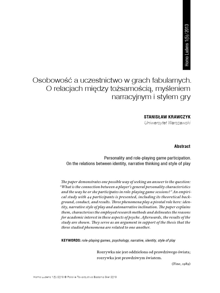 Osobowosc A Uczestnictwo W Grach Fabular | PDF