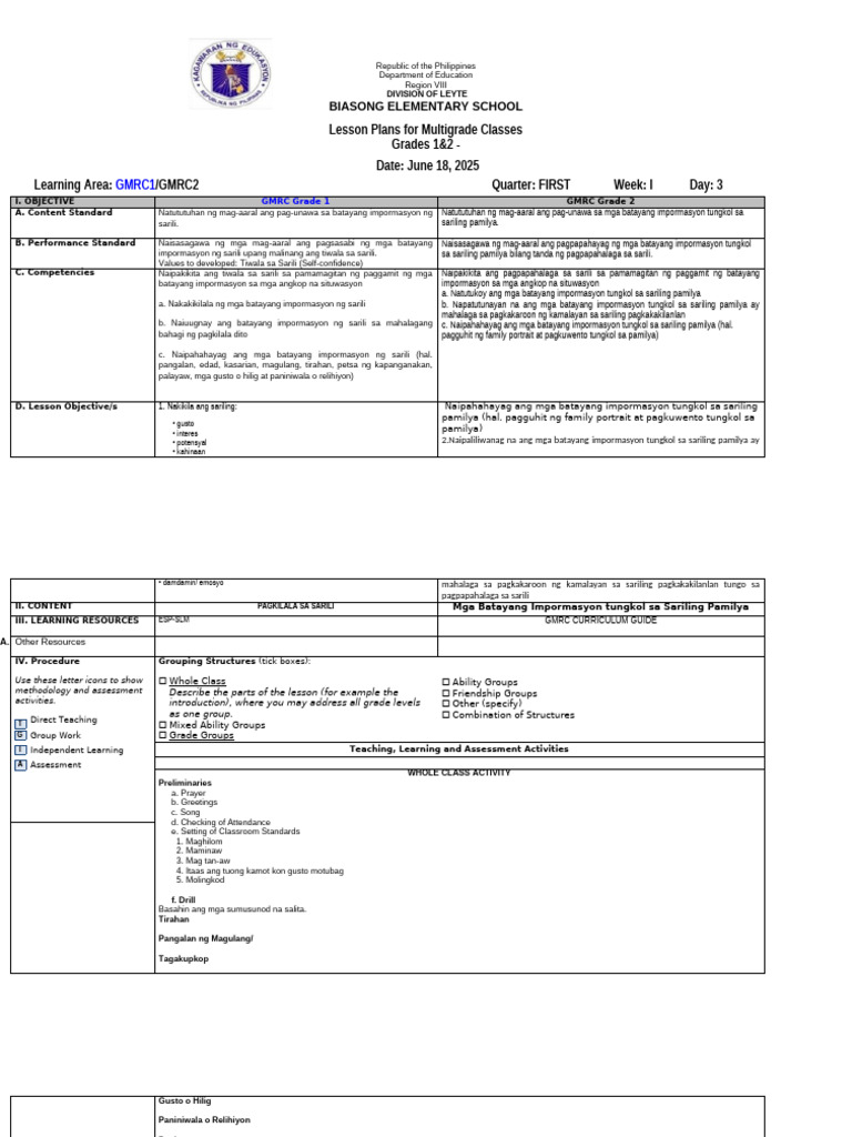 Day 3mg Lesson Plan g1&g2 - Gmrc1&Esp2 | PDF