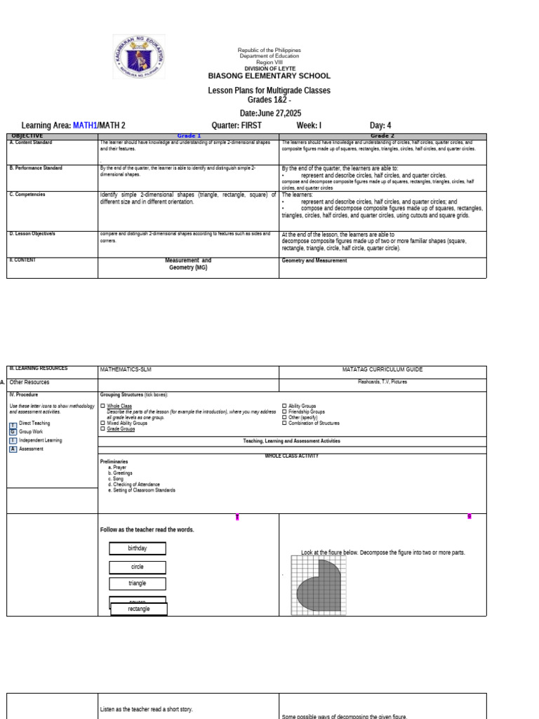 Multigrade Math Lesson Plans for Grades 1&2 | PDF | Shape | Rectangle
