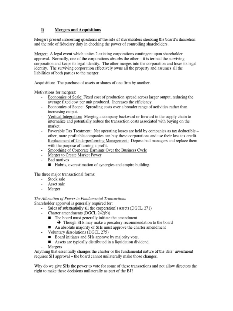 M&A Outline | PDF | Mergers And Acquisitions | Corporations