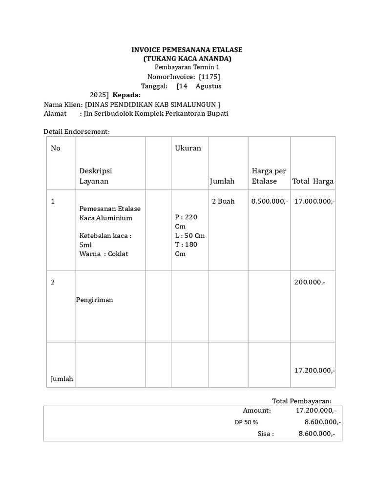 INVOICE TUKANG KACA ANANDA X DISCAPIL I TERMIN I | PDF