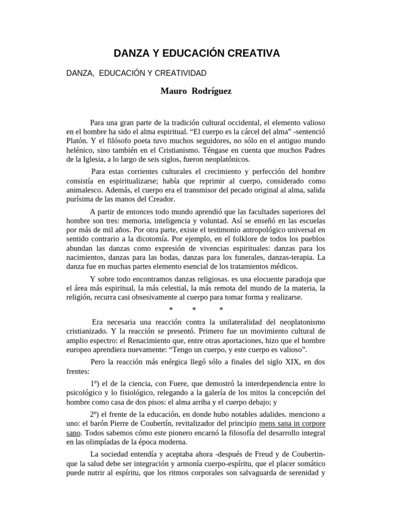 Danza como Educación y Creatividad | PDF | Bailes | Mente