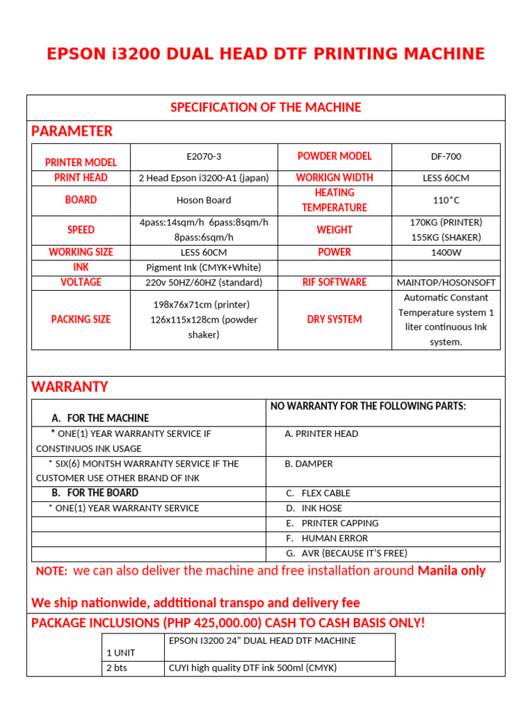 EPSON i3200 DUAL HEAD DTF Printer Specs | PDF | Printer (Computing ...
