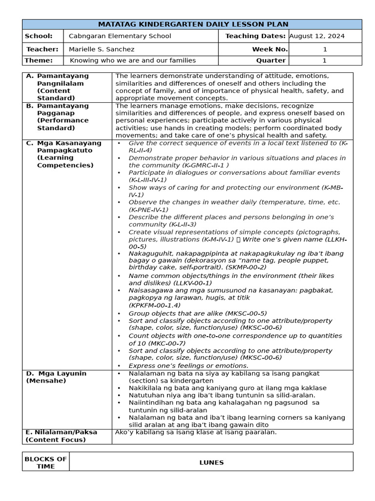 Matatag Kindergarten Daily Lesson Plan Q1 W1 | PDF