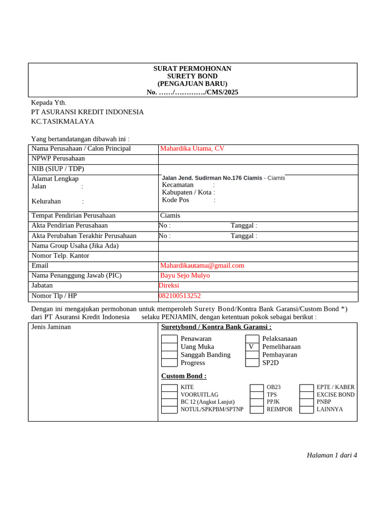 Permohonan Surety Bond Baru | PDF