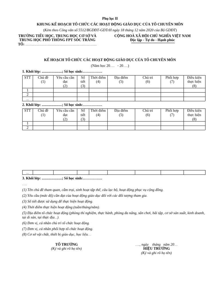 Phu Luc 2 Mau Ke Hoach To Chuc Hoat Dong Giao Duc 2020 650cdcf24b | PDF