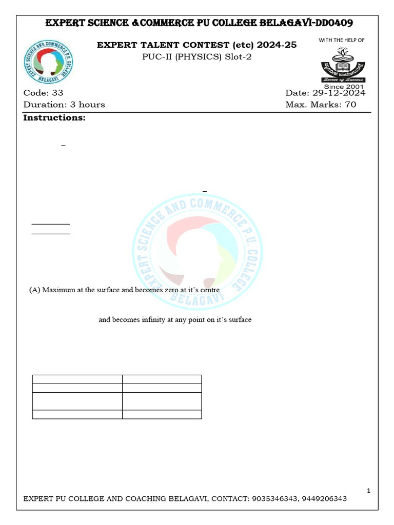 Expert PU College Physics Question Paper | PDF | Electromagnetic ...