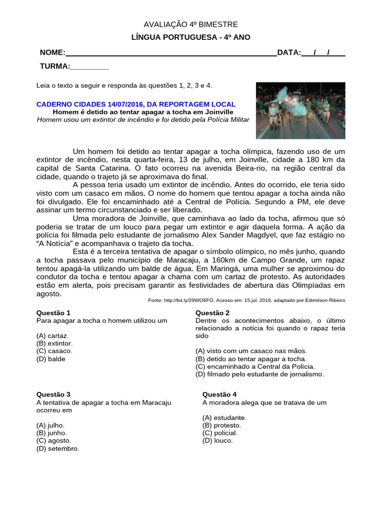 Avaliação de Língua Portuguesa 4º Ano | PDF