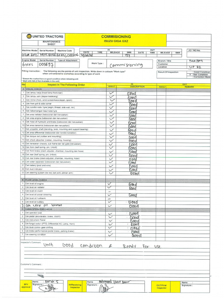 Check List Commisioning Isuzu Giga GXZ | PDF