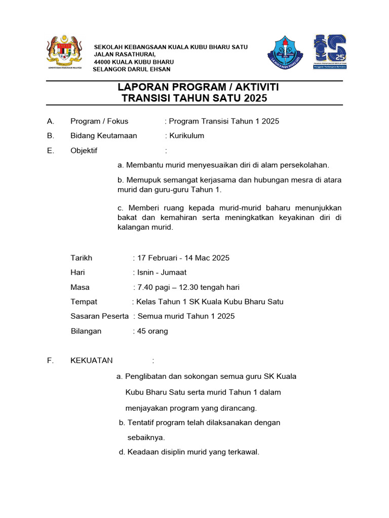 Program Transisi Tahun 1 SK KKB 2025 | PDF