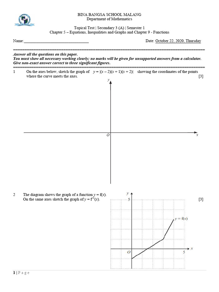 Math Test: Equations & Functions | PDF | Inequality (Mathematics ...