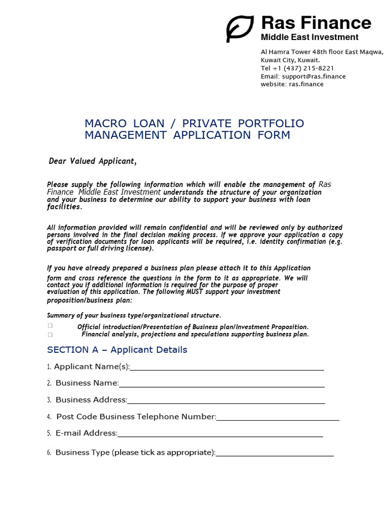 Ras Finance Loan Application Form | PDF | Loans | Equity (Finance)