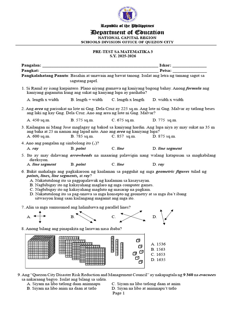 Math Pretest - Grade 3 | PDF