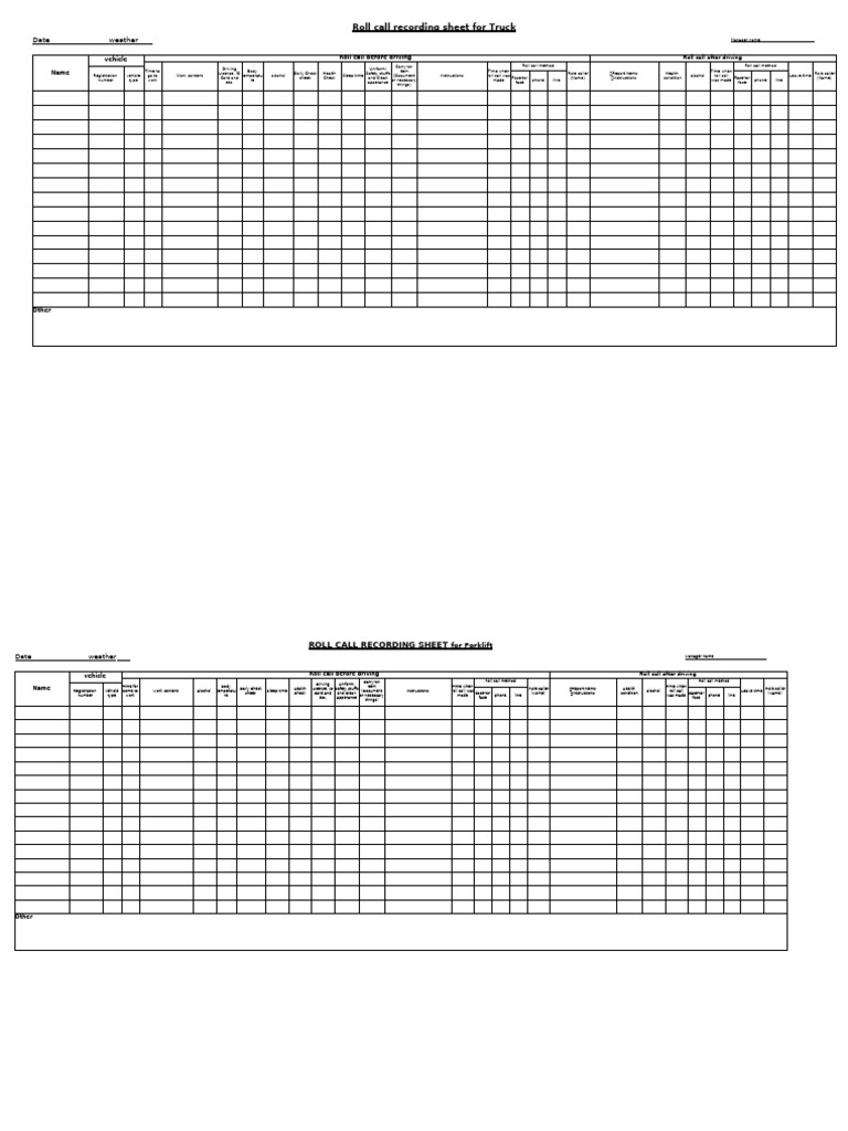 Truck and Forklift Roll Call Sheet | PDF | Vehicles